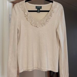 Lauren Ralph Lauren Cream Crochet-Trim Long Sleeve Scoop Neck Top Size L